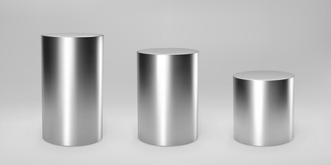 Silver 3d cylinder set front view and levels with perspective isolated on grey background. Cylinder pillar, chrome steel pipe, museum stages, pedestals or product podium. 3d geometric shapes vector