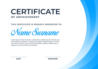Elegant blue gradient color certificate template, appreciation for business and education.