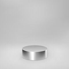 Silver 3d cylinder front view with perspective isolated on grey background. Cylinder pillar, chrome steel pipe, museum stage, pedestal or product podium. 3d geometric shape vector
