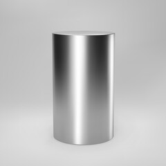 Silver 3d cylinder front view with perspective isolated on grey background. Cylinder pillar, chrome steel pipe, museum stage, pedestal or product podium. 3d geometric shape vector