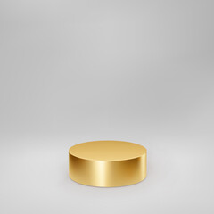 Gold 3d cylinder front view with perspective isolated on grey background. Cylinder pillar, golden pipe, museum stage, pedestal or product podium. 3d basic geometric shape vector