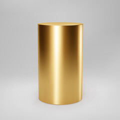 Gold 3d cylinder front view with perspective isolated on grey background. Cylinder pillar, golden pipe, museum stage, pedestal or product podium. 3d basic geometric shape vector