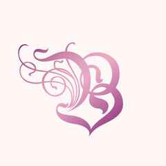 Letter B logo.Decorative creative calligraphic icon isolated on light fund.Lettering sign for beauty, elegant, luxury brand.Alphabet initial.Ornate swirl, vegetal elements.Pink character shape.
