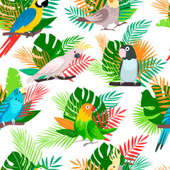 pattern Exotic tropical bird. A large parrot sits on a background of jungle palm leaves. Flat cartoon vector cartoon illustration isolated on white background.