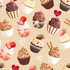 Seamless vector pattern with pastel pink cupcakes
