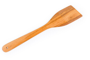 Wooden kitchen spatula on a white background, close-up