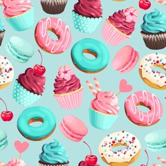 Vector seamless pattern with pink and teal sweets
