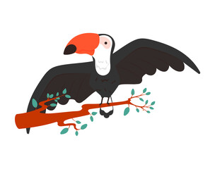 colorful illustration of a cute toucan sitting on branch with leaves © lonabon