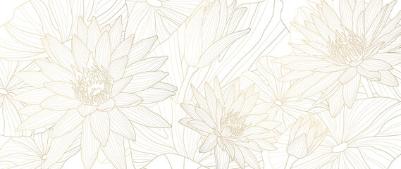 Luxury lotus background vector. Golden lotus line arts design for wall arts, fabric, prints and background texture, Vector illustration. © TWINS DESIGN STUDIO