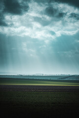 Contrastful dark spring weather and countryside view with green spring growing agriculture fields with minimal trees. Bright sunlight on the meadows with dark shadows