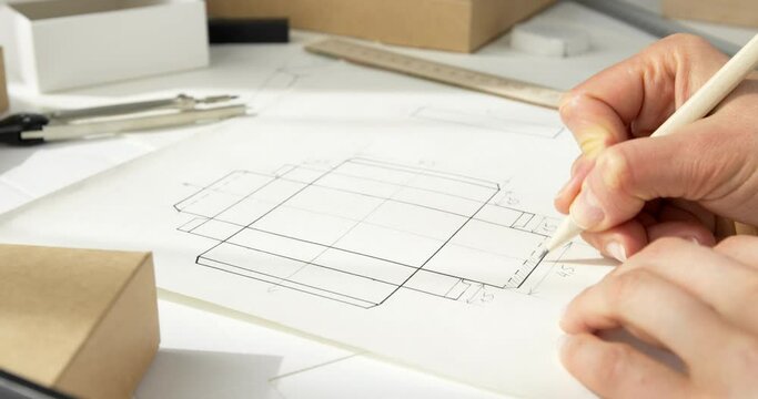 Designer draws a mockup for crafting eco cardboard box. Development a sketch of paper packaging.