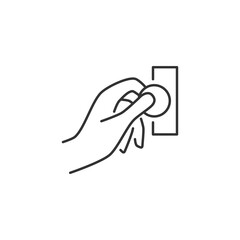 Hand Insert Coin Into the Coin Acceptor Related Vector Line Icon. Sign Isolated on the White Background. Editable Stroke EPS file. Vector illustration.