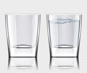 Set of transparent empty glass and glass with water, isolated.