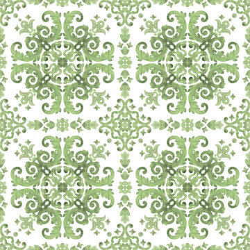 Seamless pattern with floral ornament - vintage fashion fabric in azulejo design with green flowers on white background. Baroque style. Watercolor hand drawn painting illustration.
