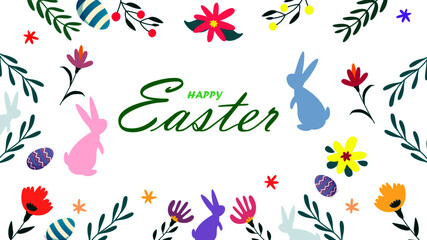 Happy Easter card with flowers, eggs and bunny.