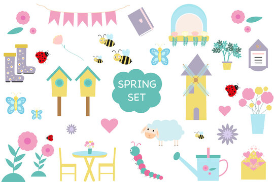Spring set . Vector garden tools, flowers. Cute icons for a website, app, sale, or ad. Birds, plants, insects and  items
