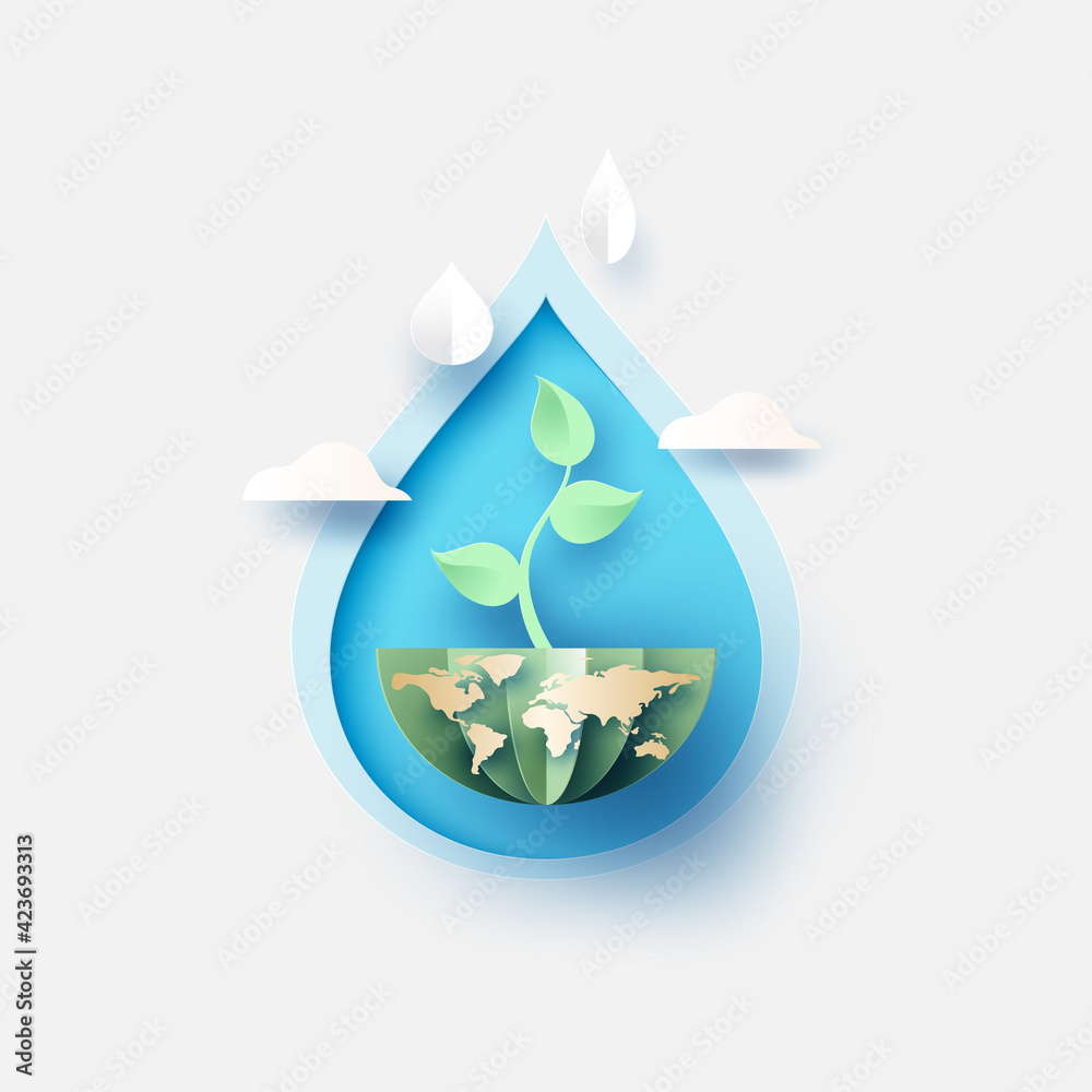 Aufkleber water drop with growing plant.paper art of save water for ecology and environment conservation.vecto