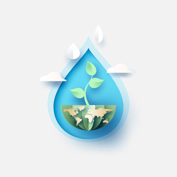 Water Drop With Growing Plant.Paper Art Of Save Water For Ecology And Environment Conservation.Vector Illustration.