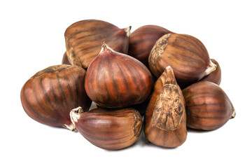 heap of chestnuts on white