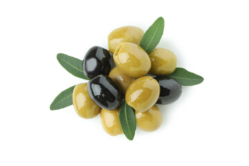 Olives with leaves isolated on white background