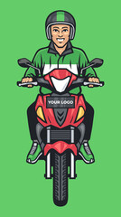 Online delivery service. A driver on a motorbike vector image. Isolated on green background.