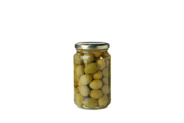 Glass jar of green olives isolated on white background