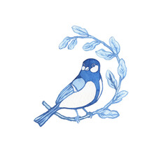 Titmouse bird on a branch (also called Great tit, Parus major) in the blue Toile de Jouy style for ceramic tile, wedding invitation, greeting card. Watercolor hand drawn painting illustration isolated