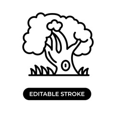 Vector illustration of tree icon. Big tree with grass on the ground. Editable stroke with line design style