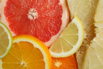 Ripe citrus slices on whole background, close up