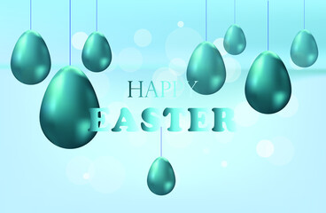 Easter poster or banner template with golden, green Easter eggs  in light  background.  Greeting card trendy design. Vector illustration template for you poster or flyer.