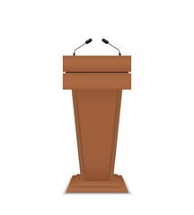 Podium for debate. Rostrum of conference. Wooden pulpit for speech. Tribune with microphone for speaker. Stage and stand. Pedestal for lecture, press on white background. Journalism concept. Vector