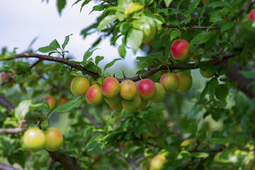Ripe cherry plum on a branch. Red-yellow plum fruit. Orchard. The maturation of the fruit. Summer fruit on a soft blurry background. Red and green shades. Vitamins. Selective focus