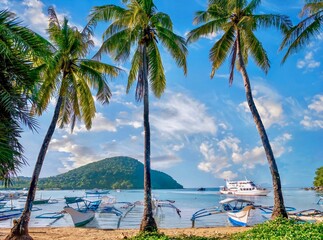 A picturesque tropical cove in the Philippines, with tall coconut palm trees, turquoise water, and...