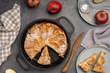Sliced apple pie in iron pan on the table