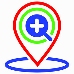 Finding a location. Magnifier icon and location. Zoom in. Vector icon.
