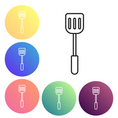 Black line Spatula icon isolated on white background. Kitchen spatula icon. BBQ spatula sign. Barbecue and grill tool. Set icons colorful circle buttons. Vector Illustration
