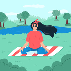 Woman in sunglasses meditating outdoor in forest or city park vector flat cartoon illustration.