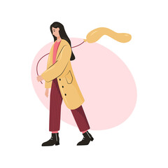 Woman walking with yellow air balloon vector flat cartoon illustration. Female character spending time outdoor.