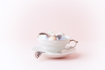 Easter Decoration on paper background. Soft focus. Close up. Copy space. 