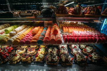Pastry showcase, various desserts and cookies, close up.
