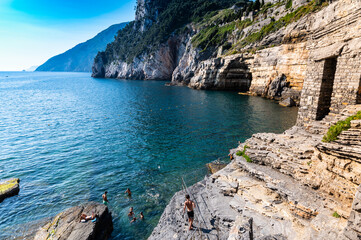 Porto Venere, Liguria, Italy. June 2020. Gulf of Poets view with the famous Byron Cave, named after...
