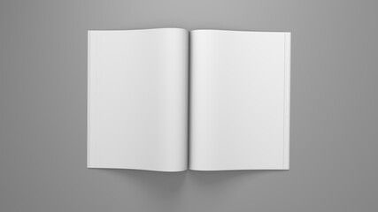 Open magazine mockup. Blank magazine template for copy space. Empty space in magazine. Grey background. 3d render