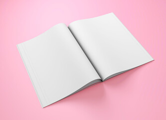 Open magazine mockup. Blank magazine template for copy space. Empty space in magazine. Pink background. 3d render