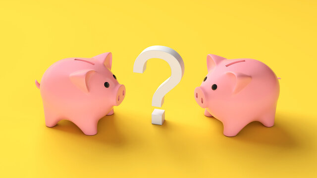 Two piggy banks and a question mark on a yellow background. Choosing where to save money in the piggy bank. 3d render