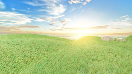 Green grass field on small hills and blue sky with sunrise morning clouds in sea view. 3d rendering