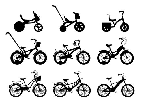 Collection of silhouette bikes. Set of variety of two, three, and four-wheeled bicycles with different frame types. Vector illustration of male and female vehicles.