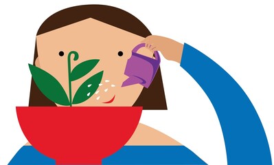 Girl waters the plant in a pot on a white background