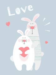 Vector illustration of cute rabbits with heart, happy Valentine's Day