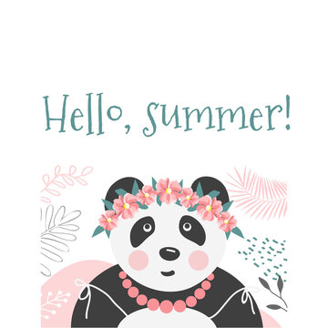 Vector illustration of cute Panda face in flower wreath, cartoon design.Children's print on clothes.