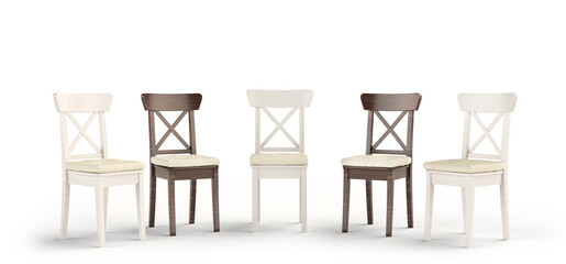 The concept of social equality. White and black chairs isolated on white background. 3d illustration